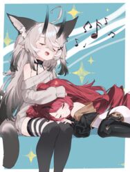  2girls :d animal_ear_fluff animal_ears black_hair black_jacket black_thighhighs bodysuit cat_ears cat_girl cat_tail closed_eyes cropped_jacket demon_girl demon_tail extra_ears fangs gradient_hair grey_hair hand_on_another&#039;s_head highres horns invisible_chair jacket lap_pillow long_hair long_sleeves mosou_keito multicolored_hair multiple_girls music musical_note off-shoulder_sweater off_shoulder open_mouth original pointy_ears red_hair singing sitting sleeping sleeves_past_wrists smile streaked_hair striped_clothes striped_thighhighs sweater tail thighhighs twintails two-tone_hair two_side_up very_long_hair white_bodysuit white_thighhighs 