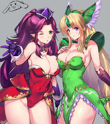  2girls ;o angela_(seiken_densetsu_3) bare_shoulders blonde_hair blush breasts choker cleavage closed_mouth commentary_request covered_navel earrings gem gloves green_eyes green_ribbons grey_background hair_ribbon hat helmet highres jewelry large_breasts leotard long_hair low_neckline multiple_girls negresco one_eye_closed pointy_ears purple_choker purple_eyes purple_gloves purple_hair purple_headwear rabite_(seiken_densetsu) red_leotard ribbon riesz seiken_densetsu seiken_densetsu_3 showgirl_skirt simple_background smile thighs winged_helmet 