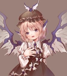  80isiiii :d \||/ animal_ears bird_ears bird_wings blush breasts brown_background brown_dress brown_hat commentary dress feathered_wings female frills hand_on_own_chest hand_up hat head_tilt highres juliet_sleeves long_sleeves looking_at_viewer mob_cap mystia_lorelei nail_polish open_mouth pink_hair puffy_sleeves purple_eyes purple_nails short_hair simple_background small_breasts smile solo touhou upper_body wings 