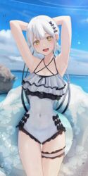  :d absurdres armpits arms_behind_head arms_up bad_id bad_pixiv_id black_bow blue_sky bow casual_one-piece_swimsuit collarbone commentary covered_navel cowboy_shot day female grey_one-piece_swimsuit hair_bun highres inaka_44 innertube layered_swimsuit looking_at_viewer ocean one-piece_swimsuit open_mouth original outdoors polka_dot short_hair single_hair_bun sky smile solo swim_ring swimsuit symbol-only_commentary thigh_gap thigh_strap water white_hair yellow_eyes 