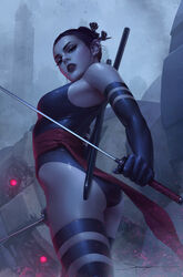  black_gloves black_leotard comic_cover cover_image earrings elbow_gloves female gloves grey_sky highres holding holding_sword holding_weapon jee-hyung_lee jewelry katana leotard looking_at_viewer marvel mecha official_art outdoors psylocke realistic red_sash robot sash sentinel_(x-men) signature sky solo sword weapon x-men 