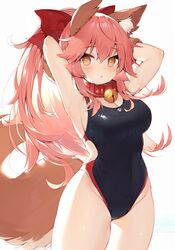  :&lt; animal_ear_fluff animal_ears armpits arms_behind_head arms_up bangs bell black_swimsuit blush breasts cleavage closed_mouth collar commentary_request competition_swimsuit cowboy_shot eyebrows_visible_through_hair fate/grand_order fate_(series) female fox_ears fox_girl fox_tail groin highres jingle_bell long_hair medium_breasts muryotaro one-piece_swimsuit orange_eyes pink_hair ponytail sidelocks simple_background solo swimsuit tail tamamo_(fate)_(all) tamamo_cat_(fate) thighs white_background 