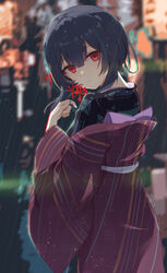  absurdres black_hair black_kimono blurry blurry_background blush chromatic_aberration commentary_request cowboy_shot depth_of_field female flower haori highres holding holding_flower idolmaster idolmaster_shiny_colors japanese_clothes kimono long_sleeves looking_at_viewer morino_rinze night off_shoulder outdoors parted_lips rain red_eyes red_flower serika short_hair_with_long_locks sidelocks smile solo spider_lily wet wet_hair wide_sleeves 