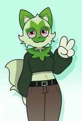  4_fingers anthro anthrofied belt breasts clothing crop_top crop_top_sweater drugs female fingers fluffy fluffy_tail fur generation_9_pokemon gesture green_body green_fur hand_gesture hi_res large_sleeves lidded_eyes marijuana midriff neck_tuft nintendo pink_eyes pokemon pokemon_(species) pokemorph shaded shirt simple_background simple_shading skel small_breasts solo sprigatito tail topwear tuft v_sign 