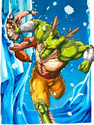  anthro anthrofied asian_mythology clothed clothing dragon dragon_ball dragon_ball_super duo east_asian_mythology eastern_dragon fight goku male mythological_creature mythological_scalie mythology navel pecs red_eyes saiyan scalie shenron shenron.inc super_saiyan_god super_saiyan_rose topless violence 