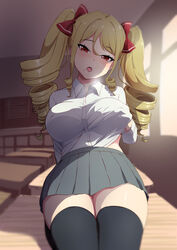  absurdres blonde_hair blush bra_visible_through_clothes breasts brown_eyes ceiling classroom collared_shirt commentary_request desk drill_hair female grabbing_own_breast grey_skirt hair_between_eyes hair_ribbon highres kneeling long_hair looking_at_viewer mole on_desk open_mouth original pleated_skirt ribbon ringlets sakamata_(sakamata4) school_desk school_uniform shirt skirt solo thighhighs twin_drills white_shirt window zettai_ryouiki 