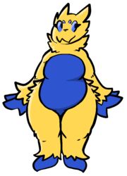  4_eyes anthro black_eyes blue_body blue_sclera cheek_tuft eyelashes facial_tuft featureless_chest featureless_crotch female fur generation_5_pokemon hip_tuft joltik multi_eye neck_tuft nintendo overweight overweight_female pokemon pokemon_(species) simple_background solo thick_thighs trout_(artist) tuft white_background wide_hips yellow_body yellow_fur 