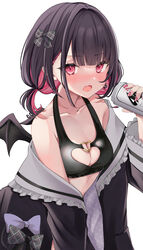  asahi_breweries bikini black_bikini black_hair black_shirt blunt_bangs blush bow breasts can cleavage_cutout clothing_cutout collar collarbone colored_inner_hair demon_wings female frilled_collar frills grey_bow hairbow heart heart_cutout heart_necklace heart_o-ring heart_ring_top highres holding holding_can indie_virtual_youtuber jewelry looking_at_viewer low_twintails medium_breasts medium_hair multicolored_hair necklace nose_blush oerba_yun_fang off_shoulder open_clothes open_mouth open_shirt pink_eyes pink_hair pink_nails plaid plaid_bow rikotan rikotan_(vtuber) shirt simple_background skin_fang solo swimsuit twintails virtual_youtuber white_background wings 