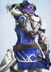  absurdres alternate_hair_color alternate_hair_length alternate_hairstyle armor belt blue_gloves blue_tunic brigitte_(overwatch) commentary commission english_commentary faulds female from_behind gloves goat_brigitte goat_horns highres holding holding_weapon horns mace monori_rogue official_alternate_costume overwatch overwatch_1 pauldrons photoshop_(medium) purple_hair shoulder_armor solo tunic weapon 