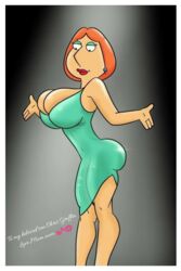  1girls alternate_breast_size artist_request autographed big_breasts breasts family_guy female female_only implied_incest lois_griffin milf mother red_lipstick solo source_request text tight_dress 