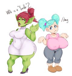  absurd_res big_breasts blizzard_entertainment breast_size_difference breasts clothing dialogue duo english_text female footwear gnome goblin green_body green_skin hand_on_hip hi_res high_heels huge_breasts humanoid not_furry shoes short_stack simple_background sundown_(artist) text thick_thighs warcraft white_background wide_hips 