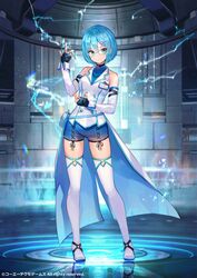  aqua_eyes aqua_hair bob_cut boots dead_or_alive dead_or_alive_6 detached_sleeves electricity expressionless female fingerless_gloves full_body fuzichoco glasses gloves hair_ornament hairclip highres id_card jacket jewelry name_tag nico_(doa) official_art ring short_hair shorts sleeveless solo thigh_boots thighhighs 