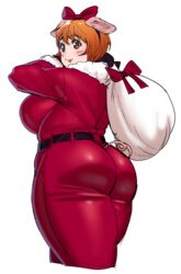  :p animal_ears ass belt bow breasts brown_eyes brown_hair commentary_request cropped_legs elf-san_wa_yaserarenai. female from_behind hairbow highres huge_breasts looking_at_viewer looking_back making-of_available oku_(elf-san_wa_yaserarenai) pig_ears pig_tail plump red_bow sack santa_costume short_hair solo standing synecdoche tail thick_thighs thighs tongue tongue_out 