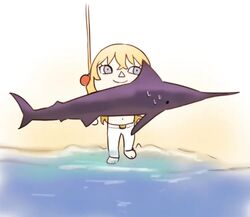  1boy animal animal_crossing barefoot beach blonde_hair fate/grand_order fate_(series) fish fishing_rod holding holding_animal holding_fish kirschtaria_wodime long_hair male_focus siya_ho smile solo swordfish topless_male 