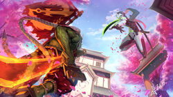  2boys architecture armor assault_visor banner blizzard_entertainment braid colored_skin commentary_request company_connection crossover cyborg dated east_asian_architecture faulds fighting flag from_below genji_(overwatch) geta glowing glowing_sword glowing_weapon green_skin green_visor grey_hair heroes_of_the_storm highres holding holding_sword holding_weapon incoming_attack jumping long_braid long_hair male_focus multiple_boys ninja ninjatou orc overwatch overwatch_1 petals photoshop_(medium) reverse_grip running samuro_(warcraft) scarf short_sword signature single_braid squidsmith sword topless_male very_long_hair visor warcraft weapon 