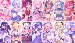  6+girls :d absurdres akemi_homura akemi_homura_(magical_girl) akino_kaede animal_ear_headwear animal_ears arm_up armor belt black_gloves black_hair black_headband black_ribbon blonde_hair blue_dress blue_eyes blue_hair blue_ribbon blue_skirt bow braid breastplate breasts brown_gloves brown_hair brown_headwear brown_legwear brown_shorts bubble_skirt cape capelet chains choker cleavage cloak closed_mouth corset crop_top crown detached_sleeves dress drill_hair earrings elbow_gloves fake_animal_ears flower food food_in_mouth fortissimo frilled_dress frills futaba_sana gloves green_sweater hair_flower hair_ornament hair_ribbon hat headband highres hood hooded_cloak horned_hood horns jewelry kaname_madoka kaname_madoka_(magical_girl) leaf_hair_ornament leotard long_hair long_sleeves magia_record:_mahou_shoujo_madoka_magica_gaiden magical_girl mahou_shoujo_madoka_magica mahou_shoujo_madoka_magica:_hangyaku_no_monogatari md5_mismatch midriff miki_sayaka miki_sayaka_(magical_girl) minami_rena miniskirt mitsuki_felicia momoe_nagisa momoe_nagisa_(magical_girl) multiple_girls musical_note musical_note_hair_ornament nanami_yachiyo navel one_eye_closed open_mouth orange_capelet orange_eyes pantyhose paru_rari pink_belt pink_choker pink_dress pink_eyes pink_hair pink_ribbon pink_skirt pleated_skirt pocky polka_dot polka_dot_legwear ponytail puffy_short_sleeves puffy_sleeves purple_eyes purple_legwear purple_ribbon purple_skirt red_bow red_dress red_eyes red_hair ribbon sakura_kyoko sakura_kyoko_(magical_girl) see-through see-through_leotard shirt short_hair short_sleeves short_twintails shorts side_ponytail skirt sleeveless sleeveless_dress smile soul_gem strapless striped_clothes striped_dress sweater tamaki_iroha togame_momoko tomoe_mami tomoe_mami_(magical_girl) turtleneck turtleneck_sweater twin_braids twin_drills twintails visible_ears white_cape white_gloves white_shirt white_skirt white_sleeves yellow_eyes yellow_ribbon yellow_skirt yui_tsuruno 