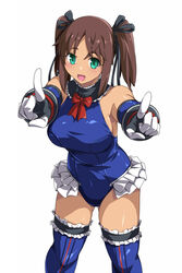  alice_gear_aegis blue_one-piece_swimsuit blue_sleeves blue_thighhighs breasts brown_hair cosplay dark-skinned_female dark_skin dead_or_alive detached_sleeves female frilled_one-piece_swimsuit frilled_thighhighs frills green_eyes highres kaneshiya_sitara large_breasts leotard long_hair looking_at_viewer marie_rose marie_rose_(cosplay) marie_rose_(devilish_servant_against_the_splashing_waves) one-piece_swimsuit open_mouth pointing pointing_at_viewer simple_background smile solo swimsuit thighhighs twintails white_background yukitaka 