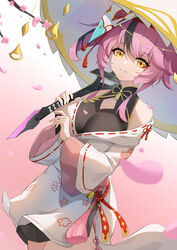  absurdres bare_shoulders black_shirt breasts cleavage cowboy_shot dai_mao_xuan_yi dress eyeliner female highres holding holding_umbrella lan_(tower_of_fantasy) long_hair long_sleeves looking_at_viewer makeup mask mask_on_head medium_breasts multicolored_hair off-shoulder_dress off_shoulder pink_hair red_eyeliner see-through see-through_cleavage shirt side_ponytail sleeveless sleeveless_shirt smile solo tower_of_fantasy two-tone_hair umbrella undershirt white_dress wide_sleeves yellow_eyes 