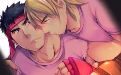  2boys alternate_costume bara blonde_hair blush boxing_gloves casual couple fingerless_gloves forked_eyebrows gloves headband ken_masters kissing kissing_neck male_focus multiple_boys muscular muscular_male pectoral_press pectorals pink_shirt ryu_(street_fighter) shirt short_hair sideburns street_fighter sweatdrop thick_eyebrows torn_clothes torn_shirt upper_body xxxxchild yaoi 