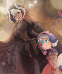  1boy black_cape black_gloves black_hair black_pants black_shirt blue_eyes blue_hair blurry blurry_background bokeh cape cape_hold capelet commentary_request cowboy_shot depth_of_field dress female gloves hair_between_eyes headphones highres lolicon long_sleeves looking_afar looking_down made_in_abyss maid_headdress maruruk md5_mismatch multicolored_hair otoko_no_ko ozen pants resolution_mismatch self-upload shirt short_hair short_sleeves smile source_smaller two-tone_hair v_arms whistle white_hair zas_(cortashy) 