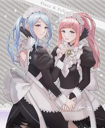  2girls absurdres apron black_dress blue_hair bridal_gauntlets character_name dress felicia_(fire_emblem) fire_emblem fire_emblem_fates flora_(fire_emblem) highres holding_hands juliet_sleeves long_hair long_sleeves looking_at_viewer maid maid_apron maid_headdress multiple_girls pink_hair ponytail protected_link puffy_sleeves siblings sisters smile sobasakuhin twins twintails 