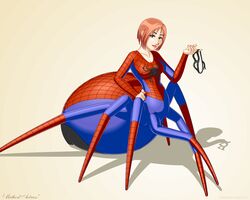  2009 arachnid arachnid_taur arthropod arthropod_taur blonde_hair breasts clothing female hair looking_at_viewer marvel phantom_inker short_hair simple_background smile solo spider spider-man_(series) spider_taur taur tight_clothing what_has_science_done 