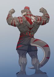  1boy absurdres bara biceps crocodile_boy double_biceps_pose fangs fjrtuflrkdxk flexing full_body furry furry_male highres looking_at_viewer looking_back male_focus manly mature_male muscular muscular_male original pose red_hair reptile_boy sharp_teeth short_hair shorts simple_background smirk solo spiked_hair teeth thick_arms thick_thighs thighs topless_male veins veiny_arms 