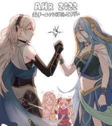  4girls aqua_hair azura_(fire_emblem) azura_(hatari)_(fire_emblem) bare_shoulders blonde_hair blush closed_eyes closed_mouth corrin_(female)_(fire_emblem) corrin_(female)_(ninja)_(fire_emblem) corrin_(fire_emblem) crop_top elise_(fire_emblem) elise_(ninja)_(fire_emblem) fire_emblem fire_emblem:_path_of_radiance fire_emblem_fates fire_emblem_heroes hair_ornament hair_ribbon hairband highres holding_hands jewelry leanne_(fire_emblem) leanne_(hatari)_(fire_emblem) midriff multicolored_hair multiple_girls navel necklace official_alternate_costume open_mouth pointy_ears protected_link purple_eyes purple_hair red_eyes ribbon scarf sobasakuhin teeth twitter_username upper_teeth_only white_background white_hair yellow_eyes 