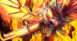  absurdres alternate_wings arm_cannon blurry blurry_background brown_hair commentary female flying glowing glowing_eyes half-closed_eye headpiece highres long_hair mecha_musume mechanical_arms mechanical_wings molten_rock one_eye_covered orange_eyes orange_theme red_eyes reiuji_utsuho single_mechanical_arm solo sunnysideup third_eye touhou weapon wings 