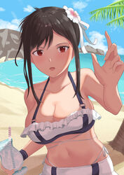  absurdres beach bikini black_hair blue_sky breasts cleavage cloud collarbone commentary_request cup day drinking_straw female final_fantasy final_fantasy_vii flower hair_flower hair_ornament highres holding holding_cup looking_at_viewer medium_breasts navel ocean open_mouth outdoors palm_tree red_eyes shiratamaaji sidelocks sky smile solo swimsuit tifa_lockhart tifa_lockhart_(shining_spirit) tree white_bikini white_flower 