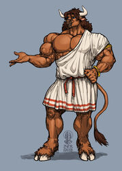  anthro armband big_muscles blue_eyes bovid bovine bracelet brown_body brown_fur brown_hair brown_nose cloth_belt clothed clothing cloven_hooves european_mythology fur greek_mythology hair hand_on_hip hi_res hooves horn huge_muscles iason_avarta jewelry looking_aside male mammal minotaur muscular muscular_anthro mythology nipples ser_halo smile solo standing tail tail_tuft teeth toga tuft 