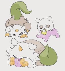  acuta_000 ambiguous_gender anoko avian brown_body brown_fur chiikawa chimera clothing feral food fruit fur green_body green_scales hood horn kemono lemon mammal pajamas plant reptile scales scalie simple_background transformation white_background white_body white_fur 