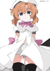  absurdres back_bow beret black_thighhighs blue_eyes bow bowtie closed_mouth commentary cowboy_shot dress female glaring hair_between_eyes hat highres higurashi_no_naku_koro_ni medium_hair orange_hair panties pink_bow pink_bowtie puffy_short_sleeves puffy_sleeves ryuuguu_rena shaded_face short_sleeves simple_background solo standing thighhighs twitter_username underwear white_background white_dress white_gorilla_(okamoto) white_hat white_panties 