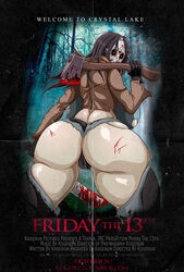  :&lt; ass axe black_gloves black_hair black_legwear blood breasts creepy crop_top cuts denim denim_shorts fat_mons female friday_the_13th gigantic_breasts gloves glowing_eyes gradient highres hockey_mask huge_ass injury jacket jason_voorhees jeans kogeikun long_hair long_sleeves looking_at_viewer looking_back machete mask midriff movie_poster navel pants pose posterior_cleavage red_eyes rule_63 scratches shiny_skin shirt solo thick_thighs thighhighs torn_clothes torn_jeans undead weapon white_skin wide_hips 