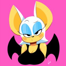  1:1 2016 anthro bat big_breasts big_ears black_eyes black_nose blue_eyeshadow blush breasts cleavage clothed clothing cubiccitrus cubiccyan eyebrows eyelashes eyeshadow female looking_at_viewer makeup mammal membrane_(anatomy) membranous_wings pink_background rouge_the_bat sega simple_background solo sonic_the_hedgehog_(series) third-party_edit wings 