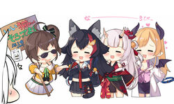  1st_generation_(hololive) 5girls :3 :d =_= ^^^ ahoge animal_ear_fluff animal_ears bar_censor bat_wings bell black_hair black_kimono black_shirt black_skirt black_wings blonde_hair blush brown_hair censored chibi closed_eyes collar commentary_request cowboy_shot cropped_legs demon_girl demon_horns demon_wings detached_sleeves drooling fox_ears hair_bell hair_bun hair_ornament hand_to_own_mouth hand_up holding holding_collar holding_sign hololive horns identity_censor japanese_clothes kimono kokka_han lab_coat long_hair mask mask_on_head midriff multicolored_hair multiple_girls nakiri_ayame nakiri_ayame_(1st_costume) natsuiro_matsuri natsuiro_matsuri_(1st_costume) navel off-shoulder_shirt off_shoulder oni oni_mask ookami_mio ookami_mio_(1st_costume) open_mouth out_of_frame pencil_skirt pink_shirt pleated_skirt puffy_short_sleeves puffy_sleeves purple_skirt red_hair shirakami_fubuki shirt short_kimono short_sleeves side_ponytail sign single_hair_bun single_side_bun skin-covered_horns skirt smile streaked_hair sunglasses sweat tail translated very_long_hair virtual_youtuber white_background white_hair white_skirt wide_sleeves wings wolf_ears wolf_girl wolf_tail yellow_shirt yuzuki_choco yuzuki_choco_(1st_costume) 