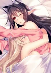  2girls animal_ear_fluff animal_ears bare_shoulders bed black_hair blonde_hair blush breasts chaso_(konshin) closed_eyes clothing_cutout commentary_request cuddling dated ennea-chan_(konshin) extra_ears from_side hair_between_eyes hair_intakes hug konshin large_breasts long_hair looking_at_viewer lying multiple_girls nude on_bed on_side one_eye_closed open_mouth original pajamas pillow pink_skirt pointy_ears red_eyes shoulder_cutout signature skirt sleeping sleepy sleeves_past_fingers sleeves_past_wrists upper_body yuri 