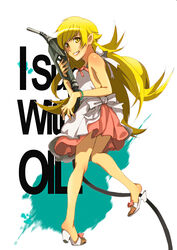  bakemonogatari blonde_hair chonson commentary_request dress female gas_pump_nozzle long_hair long_legs monogatari_(series) oshino_shinobu photoshop_(medium) pointy_ears solo yellow_eyes 