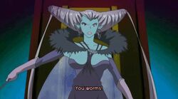  angry animated animated bouncing_breasts breasts dress drill_hair earrings eye_shadow female jewelry jiggle large_breasts lingerie_senshi_papillon_rose long_gloves long_hair pipe pointy_ears red_eyes regina_apis_(lingerie_senshi_papillon_rose) shouting subtitled throne wings yelling 