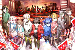  6+boys 6+girls amamiya_hibiya apron arms_behind_back asahina_hiyori azami_(kagerou_project) bad_id bad_pixiv_id belt black_belt black_eyes black_footwear black_hair black_jacket black_pants black_serafuku black_shirt black_skirt black_thighhighs blue_dress blue_eyes blue_hair blue_jacket blue_pants blue_scrunchie blue_shirt boots breast_pocket brown_eyes brown_footwear brown_hair brown_pants brown_shirt brown_shorts building cellphone children_record_(vocaloid) circle city closed_mouth cloud coat colored_eyelashes cropped_legs cross-laced_clothes cross-laced_slit crosswalk dress ene_(kagerou_project) enomoto_takane everyone expressionless facial_mark facing_away frilled_apron frills from_above from_behind full_body gradient_sky green_hair green_jumpsuit green_pants green_sweater grey_hoodie hair_between_eyes hair_ornament hair_over_one_eye hair_scrunchie hairband hand_in_pocket hand_on_own_arm headphones highres holding holding_phone hood hood_up hooded_jacket hooded_jumpsuit hoodie jacket jumpsuit kagerou_project kano_shuuya kido_tsubomi kisaragi_momo kisaragi_shintarou kokonose_haruka konoha_(kagerou_project) kozakura_marry kuze_kaname lab_coat legs_apart light_brown_hair light_particles lineup long_hair looking_ahead looking_at_viewer looking_to_the_side miniskirt multicolored_sky multiple_boys multiple_girls neck_warmer notched_neckline one_eye_covered open_clothes open_jacket outdoors pants parted_lips phone photoshop_(medium) pinafore_dress pink_dress pink_eyes pink_hairband pink_hoodie pink_ribbon pocket print_hoodie print_jacket purple_sky red_dress red_footwear red_scarf ribbon road sandals scarf school_uniform scrunchie serafuku seto_kousuke shards shirt shirt_tucked_in shoes short_hair short_sleeves shorts side_ponytail sideways_glance single_vertical_stripe skirt sky sleeveless sleeveless_dress sleeveless_jacket standing striped_clothes striped_jacket sunset sweater t-shirt tateyama_ayaka tateyama_ayano tateyama_kenjirou thighhighs track_jacket twintails v_arms wavy_hair white_apron white_coat white_hair white_jacket white_stripes wide_shot wind winter_uniform yellow_pants yellow_sky yellow_sweater 