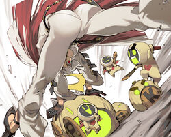  0_0 :d :o ahoge ass belt bent_over black_footwear black_gloves blurry blush blush_stickers bodysuit breasts buckle center_opening closed_eyes commentary_request debris depth_of_field dutch_angle familiar female from_behind from_below furrowed_brow gloves glowing glowing_eyes glowing_mouth guilty_gear guilty_gear_xrd half-closed_eyes halo hand_on_own_chin happy heart high_heels holding holding_staff holding_sword holding_weapon jack-o&#039;_valentine kneepits knight_servant lancer_servant legs_apart long_hair looking_at_viewer looking_back looking_through_own_legs loose_belt magician_servant medium_breasts multicolored_hair open_mouth pantylines photoshop_(medium) red_eyes red_hair shoes size_difference smile spiked_halo staff straight_hair strappy_heels studded_belt sword two-tone_hair unzipped v-shaped_eyebrows very_long_hair weapon white_bodysuit white_hair wings ysk! 