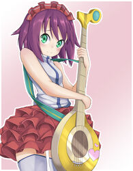  bangs bare_arms bare_shoulders blush border capcom cowboy_shot female frilled_skirt frills green_eyes guitar headdress heart hibiki_misora holding holding_instrument idol instrument miniskirt misaki_yuuma outside_border purple_hair red_skirt rockman ryuusei_no_rockman short_hair small_breasts solo thighhighs white_border zettai_ryouiki 