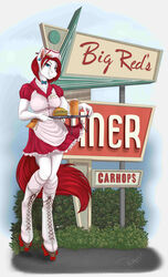  2015 absurd_res anthro burger carhop clothed clothing container cup defying_gravity ear_piercing english_text equid equine female floating food glass hair hat headgear headwear hi_res holding_food holding_object horse mammal outside pencil_(object) phathusa piercing quad_skates red_hair roller_skates skating smile smirk solo text waiter writing_utensil 