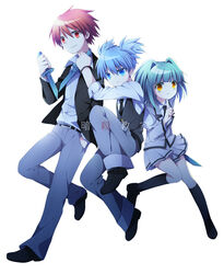  2boys akabane_karma ansatsu_kyoushitsu black_legwear blue_eyes blue_hair cargo_pants commentary_request female green_hair hand_in_pocket jacket kayano_kaede kneehighs knife kunugigaoka_middle_school_uniform loafers multiple_boys necktie pants photoshop_(medium) pleated_skirt red_eyes red_hair school_uniform shiota_nagisa shoes skirt socks soranagi vest yellow_eyes 