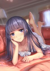  artistic_error barefoot black_hair blunt_bangs blurry blush bow breasts chemise chinese_commentary collarbone commentary_request couch curtains depth_of_field downblouse feet_up female full_body gokou_ruri head_rest highres indoors jpeg_artifacts lamp lingerie long_hair looking_at_viewer lying mole mole_under_eye musyne_xsk on_couch on_stomach ore_no_imouto_ga_konna_ni_kawaii_wake_ga_nai purple_eyes ringed_eyes sleeveless small_breasts smile solo the_pose underwear window wrong_foot 