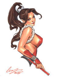  breasts brown_hair commentary_request dated elias_chatzoudis fatal_fury female from_side high_ponytail highres large_breasts lips long_hair shiranui_mai sideboob simple_background solo the_king_of_fighters upper_body white_background 