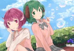  2girls alternate_costume animal_ears bad_id bad_pixiv_id blowing_bubbles blue_flower blue_sky cloud colored_eyelashes contemporary cropped day dutch_angle earrings floppy_ears flower flower_bed forest green_eyes green_hair hand_on_lap head_rest highres honi_(honix3) jewelry kasodani_kyouko light_smile long_sleeves looking_at_viewer looking_to_the_side multiple_girls mystia_lorelei nature no_wings outdoors petunia_(flower) plaid plaid_ribbon plaid_skirt purple_eyes purple_flower purple_hair ribbon school_uniform short_hair single_earring sitting skirt sky sweater sweater_vest touhou 