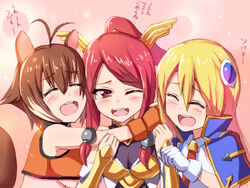  3girls animal_ears antenna_hair arc_system_works armor bare_shoulders blazblue blonde_hair blush bodysuit breasts brown_hair cape closed_eyes gloves hair_ornament hair_tubes hug izayoi_(blazblue) long_hair makoto_nanaya masa_tarou multiple_girls noel_vermillion open_mouth ponytail red_eyes red_hair smile squirrel_ears squirrel_tail tail tears translation_request tsubaki_yayoi 