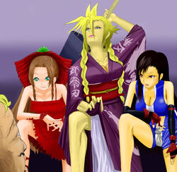  2boys 2girls aerith_gainsborough black_hair blonde_hair blue_eyes braid breasts brown_hair cleavage cloud_strife crossdressing don_corneo dress facial_hair final_fantasy final_fantasy_vii fingerless_gloves gloves green_eyes legs lipstick makeup moustache multiple_boys multiple_girls nokohe pink_lipstick purple_dress red_dress red_eyes shorts smile tifa_lockhart twin_braids 