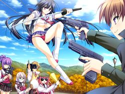  4girls blonde_hair blush breasts brown_hair camera cloud clouds feet filming game_cg glasses grey_hair gun highres jumping legs medium_breasts misuzu_mei mountain multiple_girls no_bra otakano_konna_ni_kawaii_kanojo_ga_otaku_na_wake_ga_nai panties purple_eyes purple_hair red_hair school_uniform shoes sitting skirt sky sneakers socks standing sunglasses sword thighs tree trees underwear weapon 